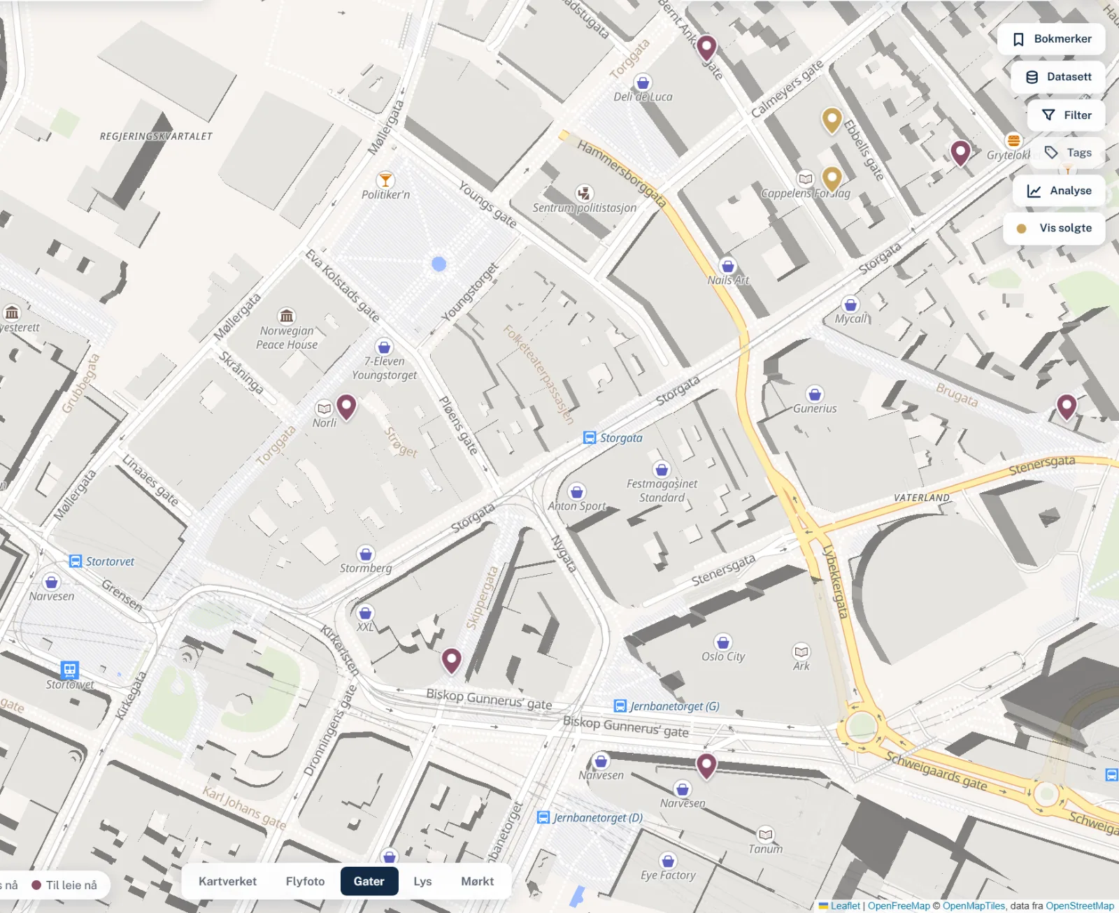 Kartarbeidsflaten med eiendomsmarkører og datasettlag